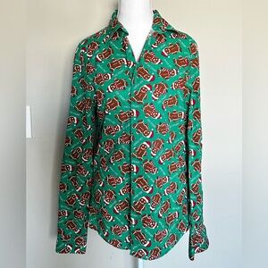 North Pole Green w/Gingerbread Man Pattern Button Down  Shirt